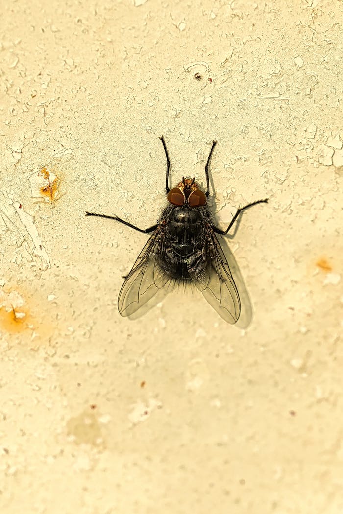 Detailed image of a housefly on a textured wall, showcasing its features.